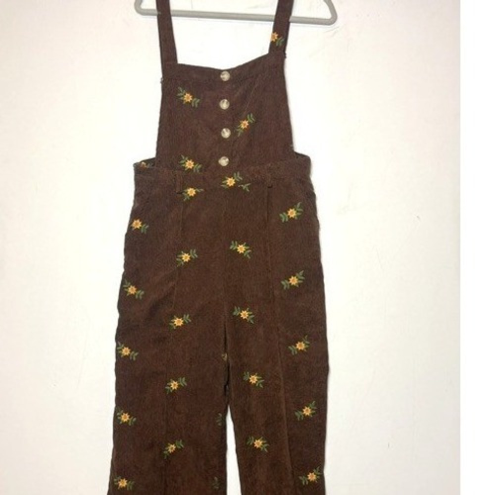 Cider Brown Corduroy Floral Embroidered Wide Leg Overalls Womens Size L - Picture 3 of 10